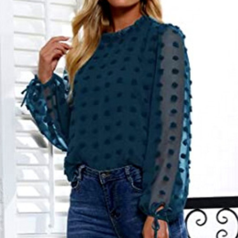 NWT LIUMILAC Women's Mock Neck Pom Pom Long Sleeve Keyhole Bk Blouses Blue Haze
